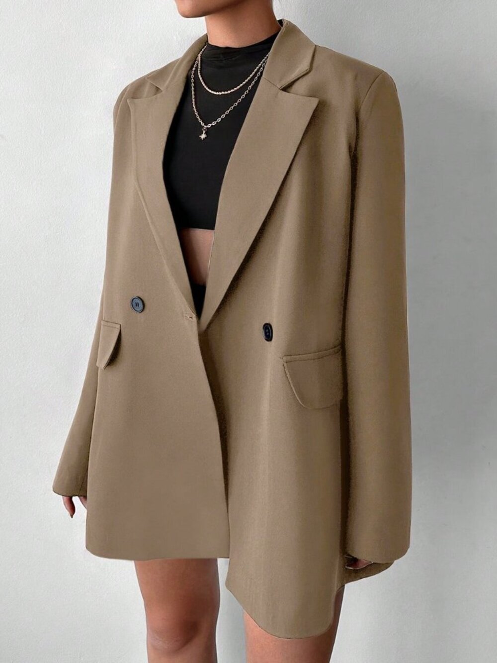 Mocha Brown Casual Women's Oversized Double-Breasted Blazer - Picture 5 of 5